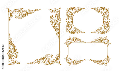 Set fo Line Thai frame vector, Eastern style, Golden outline floral border, decorative adornment for invitations and greeting cards.