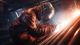 Industrial worker with protective mask welding metal at factory. Metalwork and industrial construction concept.