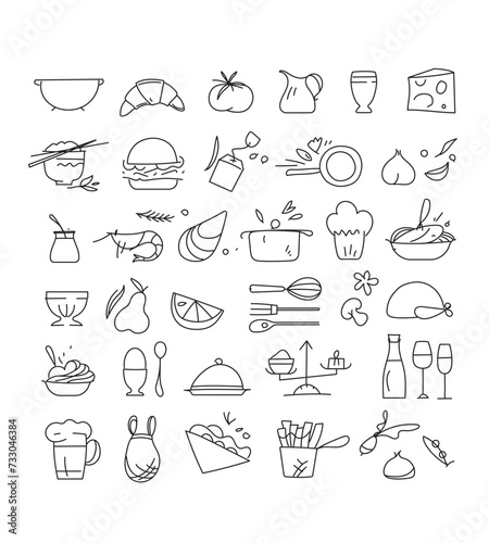 pictos, cuisine, restaurant, aliment, symboles vecteur, recette, noir et blanc, marché, potager, fruit, légume, boisson, condiment, aromate, ustensile, cuisinier, vectoriel, modifiable, dessin, icône,