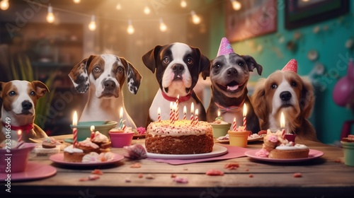 Birthday Celebration for Dogs with Cake and Party Hats © Sintrax