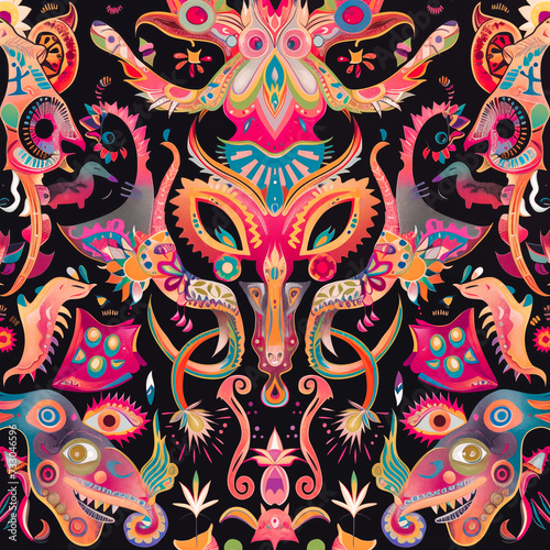 Seamless floral pattern. Wallpaper or textile abstract colorful mystical floral and animals ornament on black background. Endless illustration. Concept of psychedelic fashion.