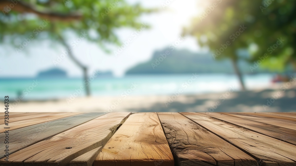 Empty Wooden Deck with Blurred Tropical Beach and Sea Background
