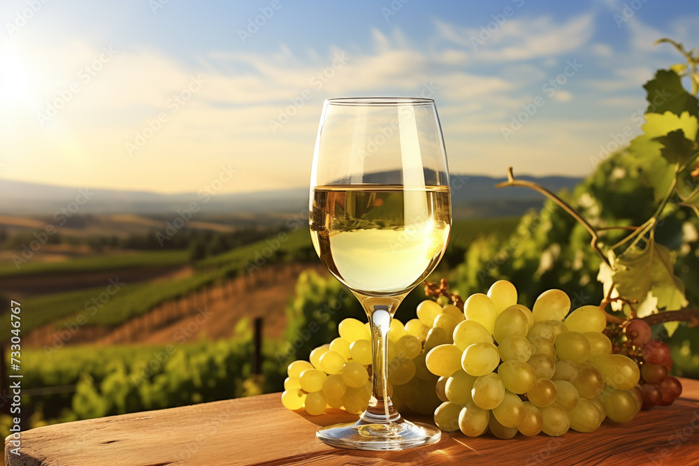 Wine glass with white wine overlooking a vineyard
