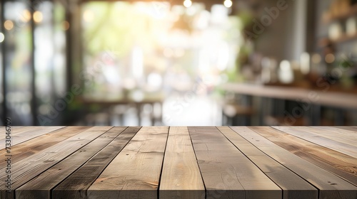Wooden Table Top with Blurred Cafe Background for Product Display