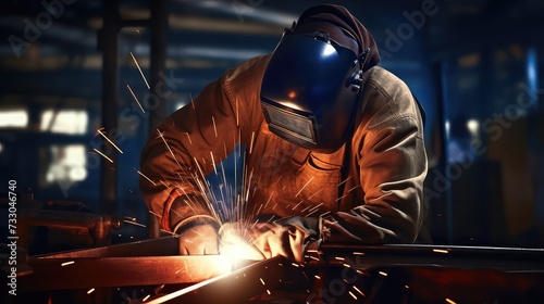 Industrial worker with protective mask welding metal at factory. Metalwork and industrial construction concept.