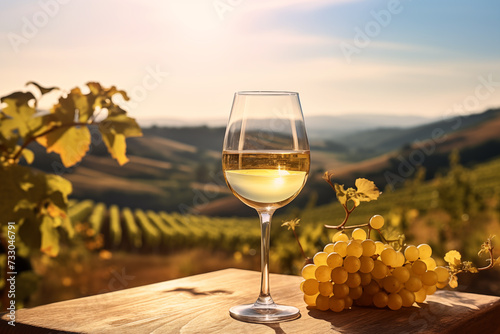 Wine glass with white wine overlooking a vineyard