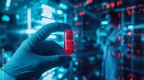 Close-up of a scientist holding a red capsule in gloves in a laboratory, with a futuristic interface in the air with chemical formulas, research data. Research, technology concept.