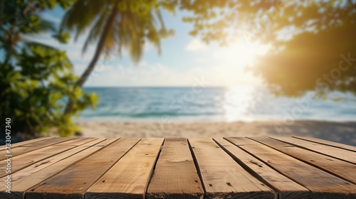 Wooden Deck Overlooking Blurry Tropical Beach Scenery