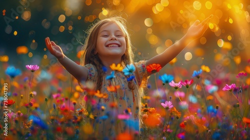 A girl's smile in a flower garden in the afternoon radiates enthusiasm on International Day of Joy