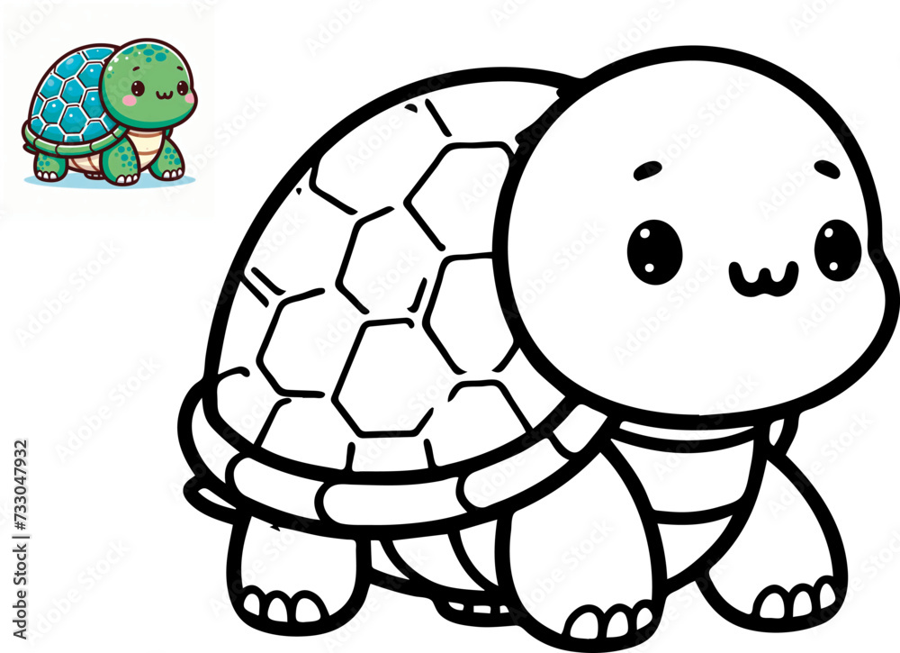 Fototapeta premium Black and white cute cartoon turtle. Coloring book for the children. Vector illustration