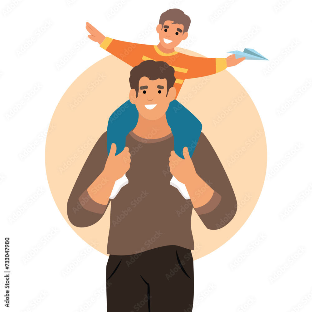   father's day concept. happy father makes his son piggyback sit on his shoulder and look up. Cute child with father playing outdoors.