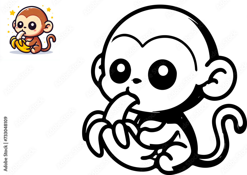 Vector illustration of cartoon monkey with banana, Coloring book