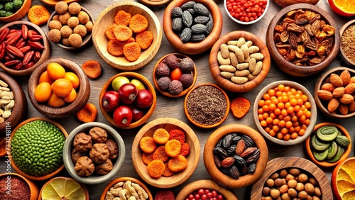 assorted nuts and dried fruit background. organic food in wooden bowls, top view.

