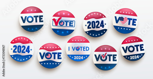 2024 Presidential election, red, blue and white vote vector buttons. Vote, i voted, different badge designs in American style and color. I voted badge isolated on white background. Vector illustration