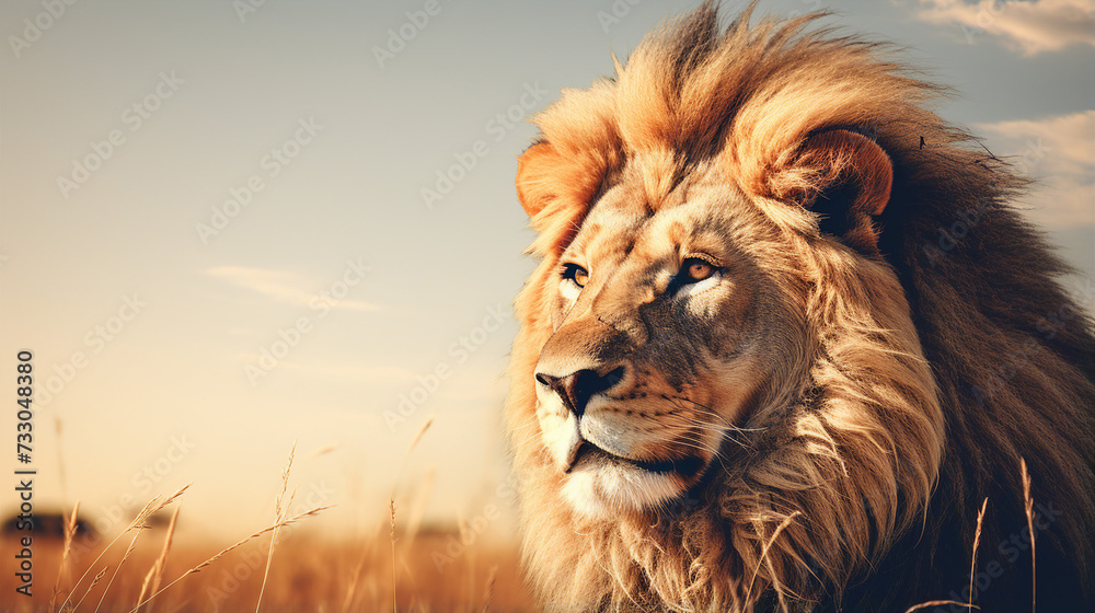 Lion with a magnificent mane in savannah light