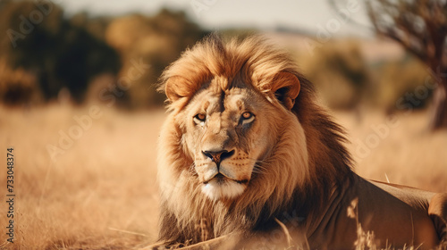 A regal lion with a full mane resting in the golden grass of the savannah