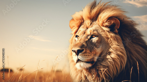 Lion with a magnificent mane in savannah light