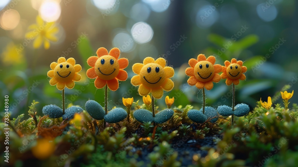 Cute sunflower emoji in the garden. International Day of Happiness