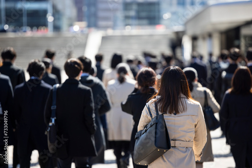 若いスーツ姿の日本人女性（大学生）の歩く後ろ姿 photo