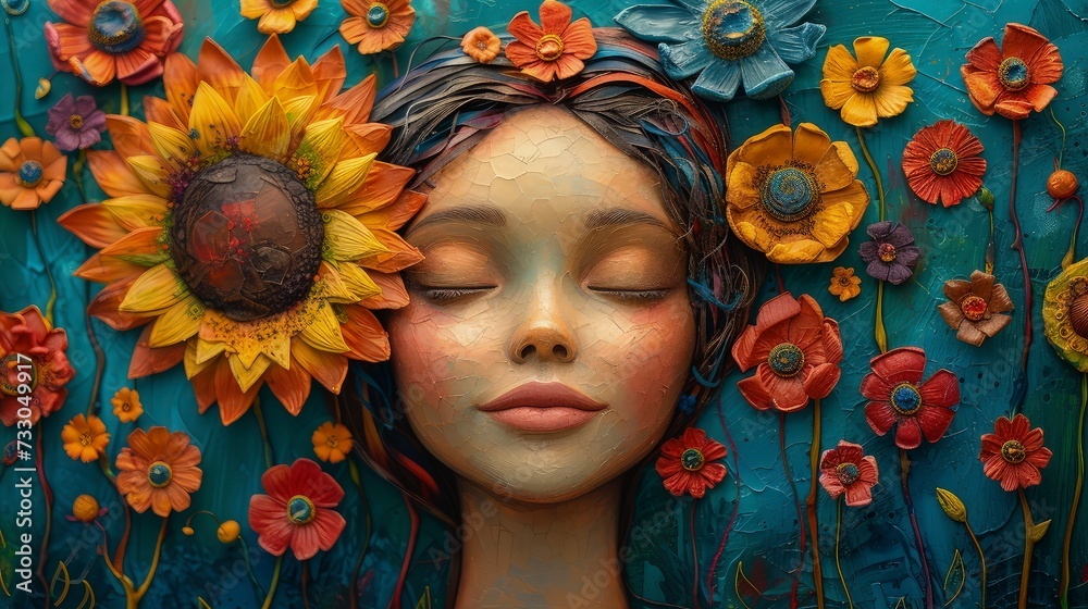 Sculpture Girl with colorful flowers. Celebrating Diversity and Harmony on International Day of Happiness
