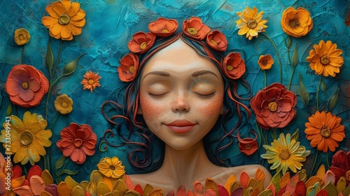 Sculpture Girl with colorful flowers. Celebrating Diversity and Harmony on International Day of Happiness