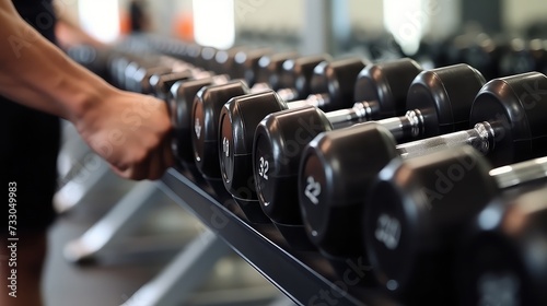 Close up shot of a man holding dumbbells in a gym