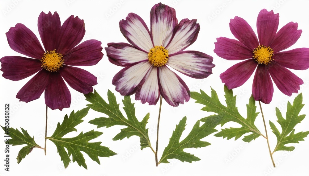 pressed and dried flower cosmos with green leaves isolated on white background for use in scrapbooking floristry or herbarium pressed and dried flower cosmos with green leaves isolated on white background for use in scrapbooking floristry or herbarium