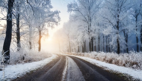 road with frost covered trees in winter forest at foggy sunrise
