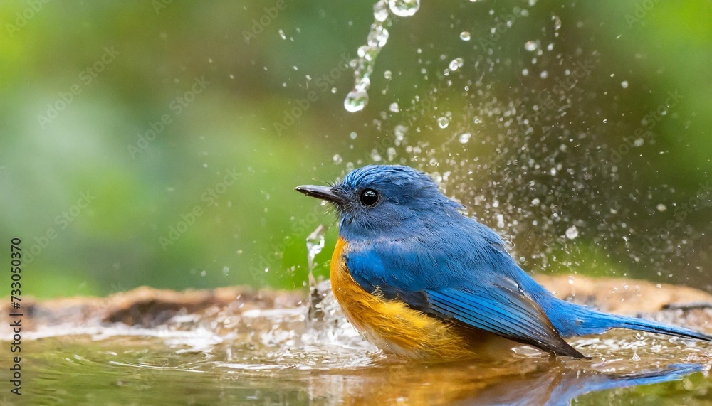 beautiful blue bird tickell s blue flycatcher taking a shower in a puddle of water