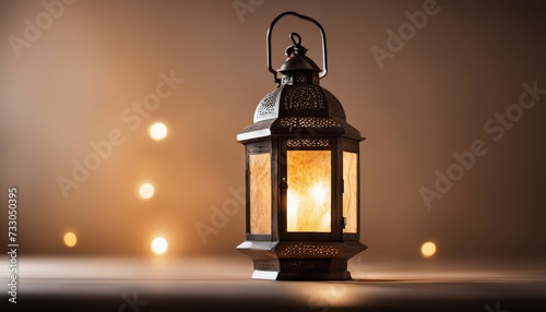Lantern on the table with bokeh background. Ramadan Kareem concept.