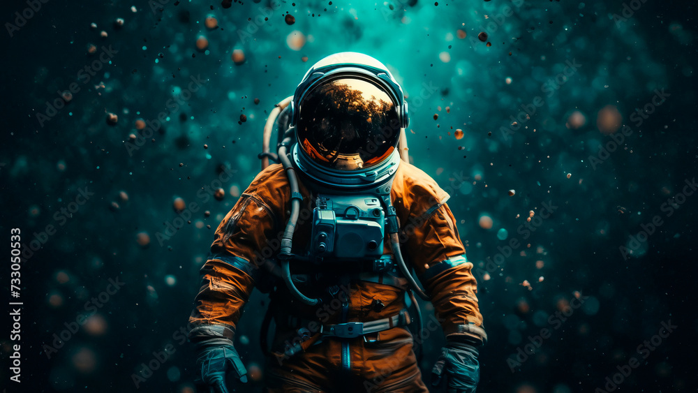 An astronaut hovering in the vastness of a universe full of stars