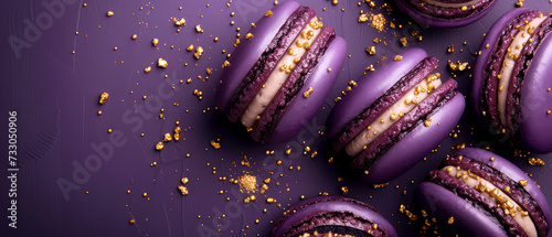 Purple macarons with decorations on purple background . Pastry food mockup.Flat lay. Minimal. Generative ai photo