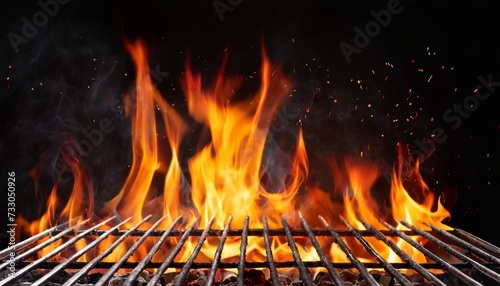 barbecue grill with fire flames empty fire grid on black background