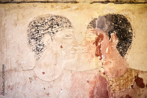 Mural from the Old Kingdom mastaba of the brothers Niankhnmum and Khnumhotep - portrait of the two men hugging Saqqara, Egypt photo