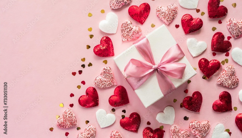 valentine s day background cute confetti hearts gift box with bow on isolated pastel pink background valentine s day concept flat lay top view copy space valentine s day background cute confetti hearts gift box with bow on isolated pastel pink background valentine s day concept flat lay top view copy space