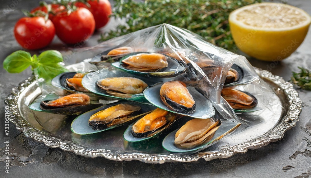frozen mussels vacuum packed on a metal plate frozen mussels vacuum packed on a metal plate