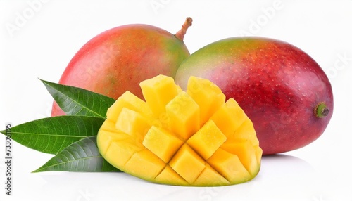 whole and slice ripe mango fruit with green leaves isolated on white background