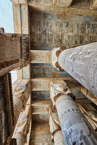 Colourful astronomic  ceilings and Hathoric columns from the hypostyle hall in Dendera, Egypt photo