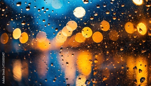 raindrops on a window with a blurred background of lights in various colors predominantly blue and orange creating a dark moody tone