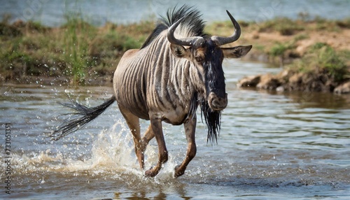 Fototapeta kuchenna wildebeest walking through water