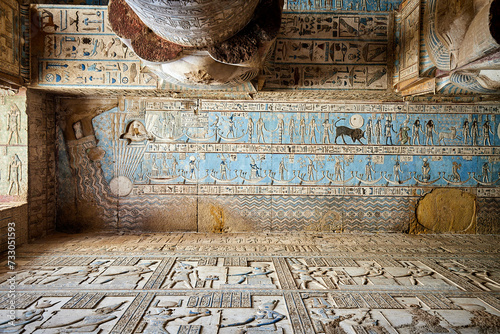 Colourful astronomic  ceiling with celestial scenes, columns and murals, Dendera temple, Egypt