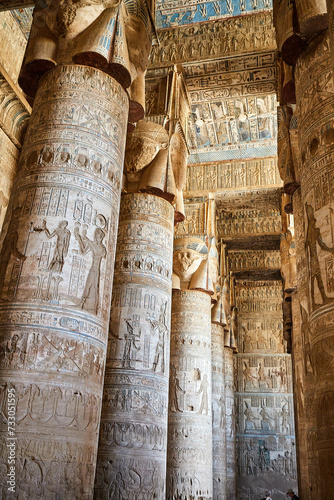 Colourful columns with the head of goddess Hathor and blue astronomical ceiling from the temple of Dendera, Egypt
