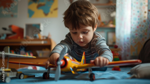 Portrait of a little boy playing with a toy airplane. The child plays at home and dreams of becoming a pilot. Concept of dreams, childhood.