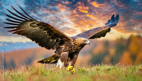 golden eagle aquila chrysaetos big bird of prey lands on autumn meadow with outstretched wings against colorful evening sky in background close up eagle in autumn landscape europe