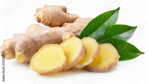 fresh sliced ginger with leaves isolated on white background