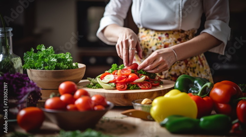 Healthy Choices: Woman Prepares Vibrant Vegetable Salad with Fresh Ingredients on a Wooden Counter
