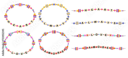 Collection of vector jewelry, children's ornaments. Bracelet of handmade plastic beads. Set of bright colorful braided bracelets with letters from words heart, always, love, amore. photo