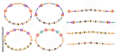 Collection of vector jewelry, children's ornaments. Bracelet of handmade plastic beads. Set of bright colorful braided bracelets with letters from words honey, sweet, positive, sunny.