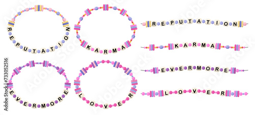 Collection of vector jewelry, children's ornaments. Bracelet of handmade plastic beads. Set of bright colorful braided bracelets with letters from words reputation, karma, evermore, lover.