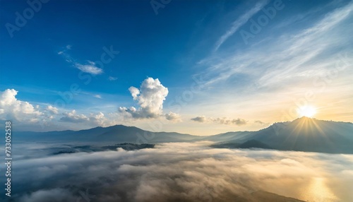 beautiful blue sky and white fluffy group of clouds with sunrise in the morning natural background